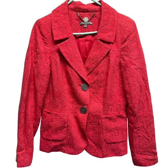 Anne Klein Red Textured Floral Blazer Jacket Women’s Size 10 100% Cotton - Picture 1 of 8